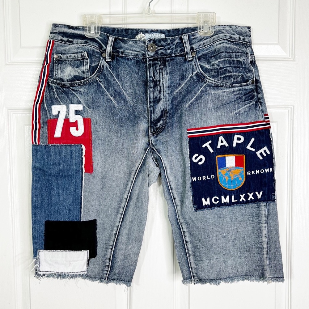 Staple Patchwork Slim Fit Buttonfly Denim Shorts 13” Men’s Sz 38